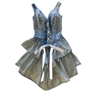 Vintage Contempo Casuals Acid Wash Corset Tiered Ruffle Dress